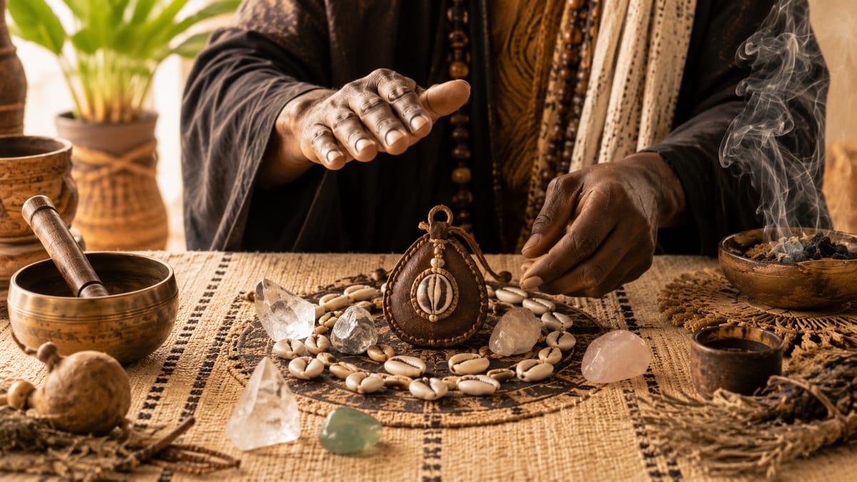 La main du praticien au-dessus d'une amulette, dans un cercle de cauris