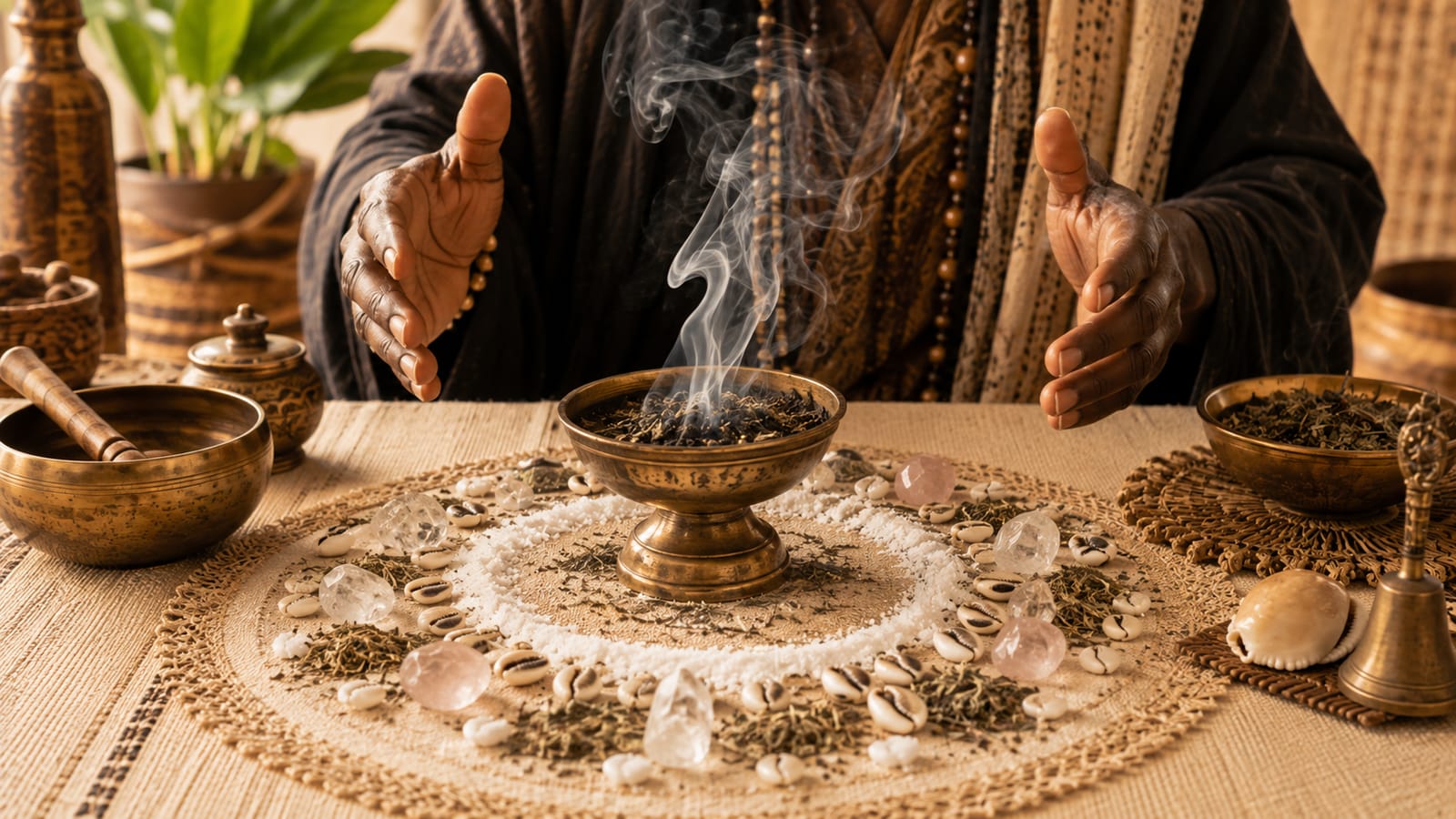 Chance et jeux de hasard — encens, cauris et cristaux disposés en cercle