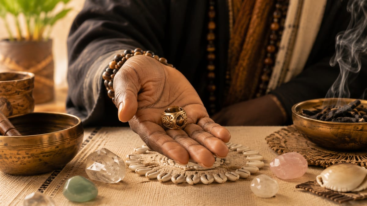 Examens, concours et permis — bague talisman posée dans la paume, au-dessus d'un cercle de cauris