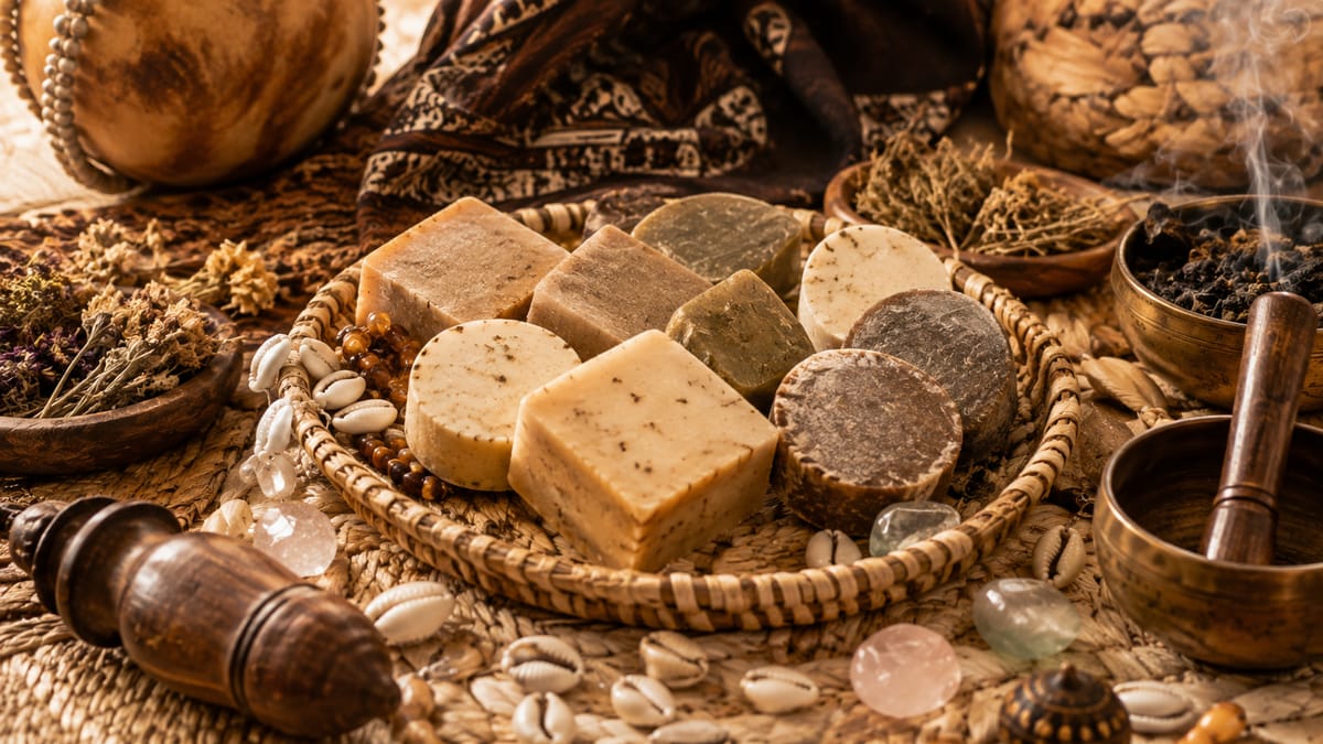 Savons, herbes et préparations traditionnelles posés près de cauris